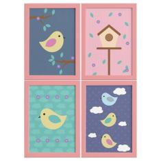 Quadros Decorativos Infantil Pássaros Moldura Rosa 4un 22x3 - Quartinh
