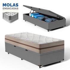 Cama Box Baú + Colchão de Solteiro Classic Molas Pocket 78x188x64cm - 