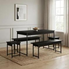 Conjunto Mesa de Jantar com 2 Bancos 2 Banquetas Estilo Industrial Aço
