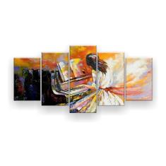 Quadro Decorativo Pintura Mulher Do Piano 129x61 Kit 5 Pcs