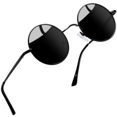 Joopin Óculos de Sol Redondo Masculinos Femininos Polarizado, Pequeno Círculo Hippie Vintage Retrô Steampunk Metal Óculos de Sol (Preto)