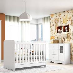 Quarto de Bebê com Berço Americano 3 em 1 e Cômoda 1 Porta com Janela Pirueta Espresso Móveis Branco Brilho
