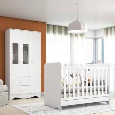 Quarto de Bebê com Berço Americano 3 em 1 e Guarda Roupa 3 Portas com Janela Pirueta Espresso Móveis Branco Brilho