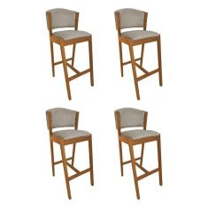 Kit 4 Banquetas Alta De Madeira Maciça Cerejeira Premium Ana Com Encosto Linho Bege - Cor: Bege