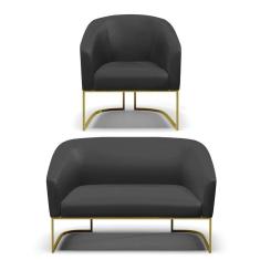 Sofá Namoradeira E Poltrona Base Industrial Dourado Stella Corino Preto D03 - D`rossi