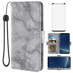 Asuwish Compatível com capa para Samsung Galaxy S8 e protetor de tela de vidro temperado, acessórios, compartimento para cartão, suporte, flip fólio, carteira de mármore, capas de telefone para Glaxay