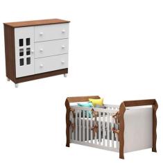 Berço Lara e Cômoda Infantil Mariah Branco Acetinado Amadeirado - Caro