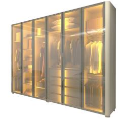 Guarda Roupa de Casal Gelius Innova com 250 cm de Largura 6 portas com 6 portas de vidro reflecta 4 gavetas com pés e LED OFF White