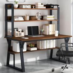 Mesa de computador com gaiola e estante, mesa de estudo de escrita com economia de espaço com prateleiras de armazenamento abertas, mesa de trabalho moderna simples de madeira com moldura de metal