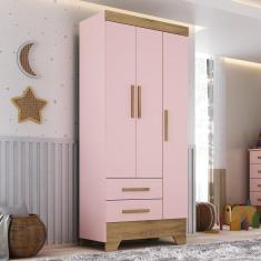 Guarda Roupa Infantil 3 Portas e 2 Gavetas Tic Tac Rosa Fosco/Nature