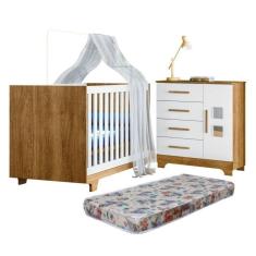 Quarto de Bebê com Berço Mini Cama 100% Mdf com Colchão Life e Cômoda 4 Gavetas 1 Porta Fly 100% Mdf Branco/Madeirado Ypê