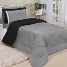 Kit Edredom Dupla Face Ternura Solteiro 4 Peças - Cinza e Preto - Atel