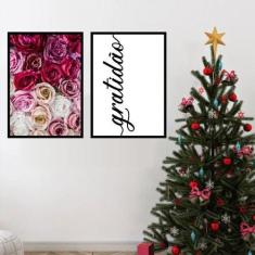 Kit 2 Quadros Decorativos Gratidão Com Flores 45x34cm - Quadros On-lin