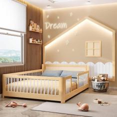 Cama Montessoriana Wave Casal com Moldura Infantil Casinha com Led Dream Decor Casatema Branco/Natural