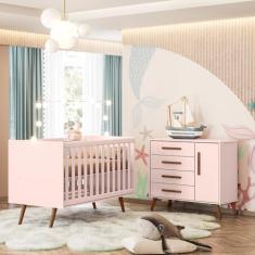 Quarto de Bebê Qencanto com Cômoda e Berço Qmovi Rosa
