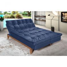 Sofá Cama Versátil 3 Lugares Império Reclinável Casal Pés Madeira Espuma Especial D33 Suede Azul Marinho 375