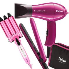 Kit Mini Secador De Cabelo Philco 1000w e Chapinha Pequeno Ps12 Com Bo