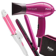 Kit Mini Secador De Cabelo Philco 1000w e Chapinha Pequeno Ps12 Com Bo