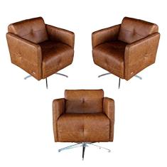 Kit 3 Poltronas Giratória para Sala de Estar Astana Couro Caramelo - Gran Belo