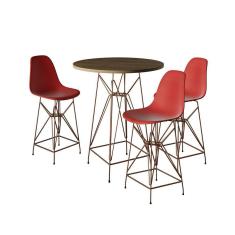 Jogo Mesa Bistrô Eames Tampo Amêndoa 60Cm 3 Banquetas Vermelha Base Ferro Cobre - Cor: Amendoa