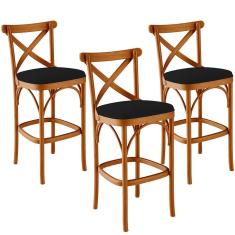 Kit 03 Banquetas Altas Cozinha Bancada Bar Sala de Jantar Estofada Ávila L02 Suede Preto - Lyam