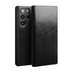 KarFRi Capa flip para Samsung Galaxy S24 Ultra/S24 Plus/S24, capa de telefone de couro genuíno com compartimento para cartão e suporte, capa de negócios premium com proteção de lentes, preta, S24