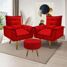 Kit 2 Poltronas Decorativas Estofada Opala e Puff Solar Sued Vermelho Aradecor