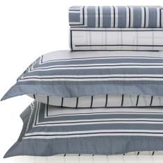 Jogo de Lençol Casal Karsten Percal 200 Fios 100% Algodão Estampado Cama Dobra Feita 4 Peças (Danton - Listras Azul)