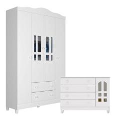Cômoda Gran Selena e Guarda Roupa Infantil Ariel 4 Portas Branco Brilh