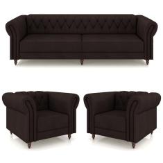 Conjunto 1 Sofá Living 260cm E 2 Poltronas Stanford Chesterfield Pés Madeira Couro Marrom G58 Gran Belo