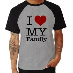 Camiseta Raglan I Love My Family - Foca na Moda, Cinza, Preto, P