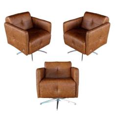 Kit 3 Poltronas Giratória para Sala de Estar Astana Couro Caramelo G40