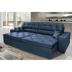 Sofá Austin 2,62m Retrátil, Reclinável Com Molas No Assento E Almofadas, Tecido Suede Azul