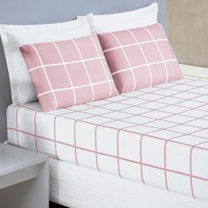 Jogo Cama Lençol Brooklyn Queen Quadriculado Micropercal 200 Fios 3 Peças - Rosa