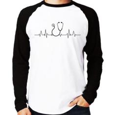 Camiseta Raglan Batimentos Cardíacos Estetoscópio Medicina Manga Longa