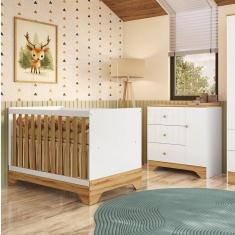 Quarto de Bebê Cômoda 1 Porta e Berço Minicama 100% Mdf Ravy Espresso Móveis Branco Brilho/Amêndoa