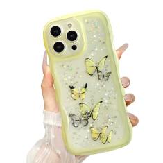 UEEBAI Capa de borboleta ondulada para iPhone 16 Pro, linda estrela borboleta brilhante para mulheres capa de telefone com glitter bonito para meninas capa transparente encaracolado à prova de choque