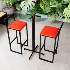 Conjunto Mesa Alta Bar Bistrô Redonda Vidro 2 Banquetas Confort Estofa