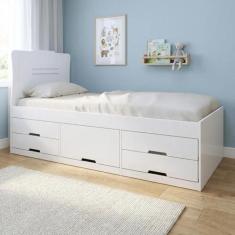Cama Solteiro Infantil com 5 Gavetas Puxador Embutido Alice Branco - C