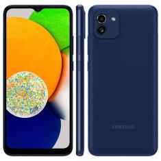 Smartphone Samsung Galaxy A03 Azul 64GB, 4GB RAM, Tela Infinita de 6.5", Câmera Dupla Traseira, Bateria 5000 mAh e Processador Octa Core