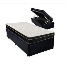 Cama Box Baú Solteiro 88 Tecido Sintético Preto com Colchão Paris de Molas Ensacadas Preto 26x888x188