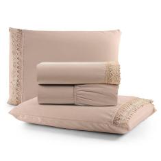 Jogo De Lençol Rubi King 4 Pçs 100% Algodão 200 Fios Ponto Palito Bordado - Avelã