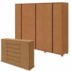 Conjunto de Guarda-Roupa Casal Leder 6 Portas com Pés e Cômoda Vedra  Amêndoa Clean