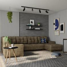 Sofá de Canto 6 Lugares com Chaise Direito Lyon Suede Amassado Marrom 