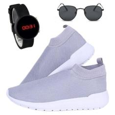 Tênis Confortável Super Leve Masculino Cinza + Relógio Digital Silicon