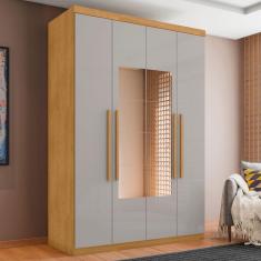 Guarda Roupa Solteiro Carimã 4 Portas de Bater 4 Gavetas MDF com Espelho Naturalle-Off White Casa H
