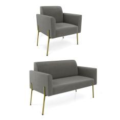 Sofá Namoradeira e Poltrona Pé de Ferro Dourado Marisa Suede Grafite D03 - D`Rossi