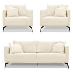 Kit 2 Poltronas e Sofá Living 2 Lugares 1,80m Sirius Linho Pés Metálic
