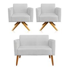 Kit 01 Namoradeira E 02 Poltronas Marisa Base Giratória Madeira