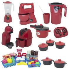 Kit Cozinha Brinquedo Vermelho Mercado Fogão Air Fryer 47pç - Altimar